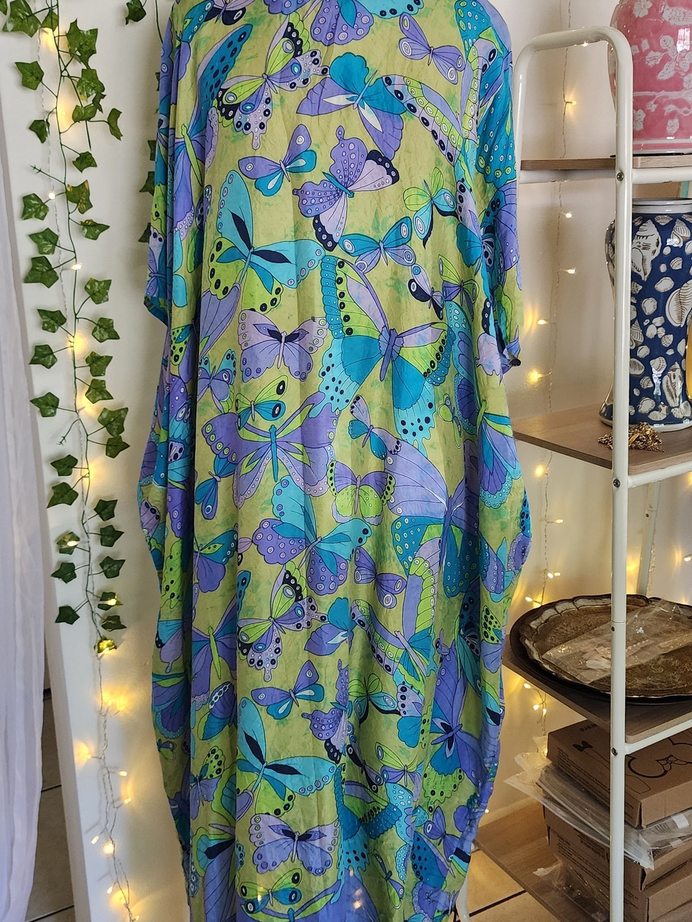 Vintage Boho Kaftan Vibrant Butterfly Print Dress - Green, Teal & Lavender